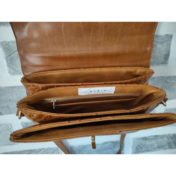 Lederer De Paris Vintage Shoulder Bag Leather Ostrich Print Embellished Tan Y2K - Picture 10 of 15